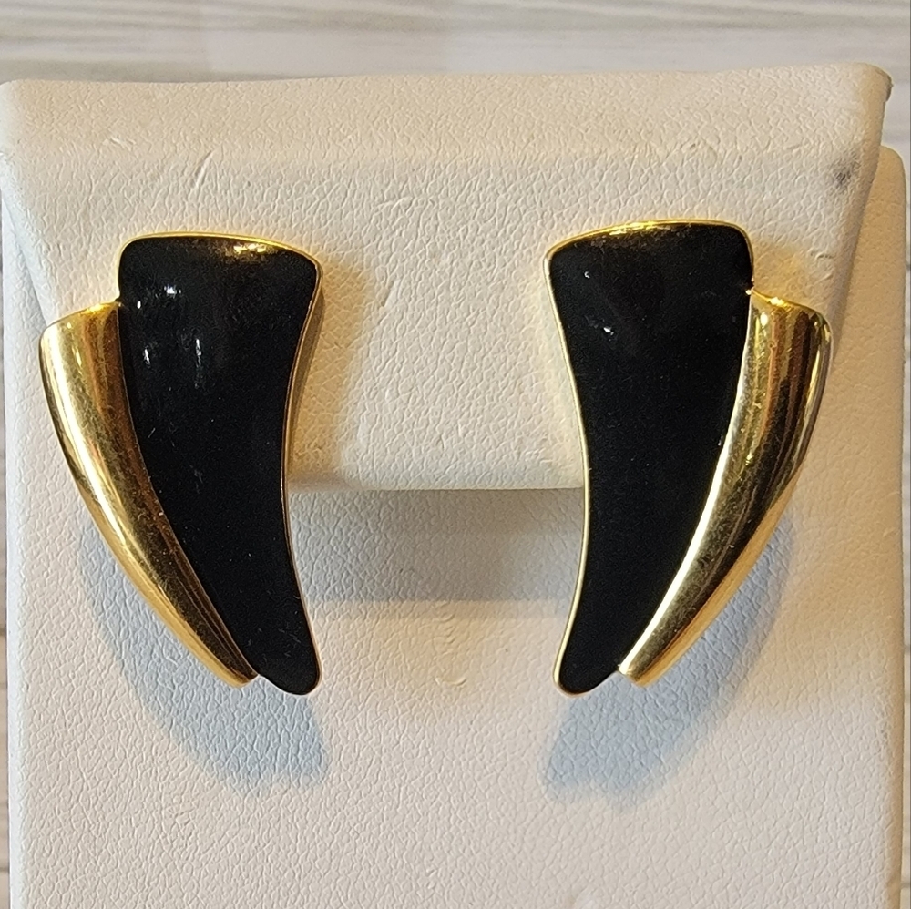 Vintage Monet Black Enamel Gold Tone Sculptural Pierced Statement Earrings